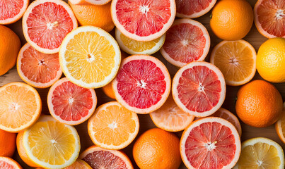 Citrus blend Sliced oranges, lemons, and pink grapefruits create vibrant patterns. Fresh, colorful, and juicy