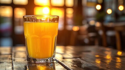 Juice in glass on wooden table, lights in the background