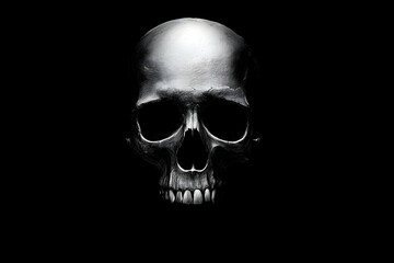 Skull in the dark. Eerie head with empty eye sockets and teeth gleaming. High contrast