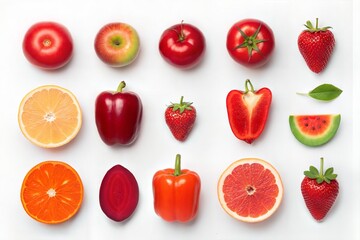 Naklejka premium Assortment of Fresh Red Fruits and Vegetables on White Background 