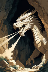 Majestic dragon breathes fire from cave in a fantasy setting during twilight hours