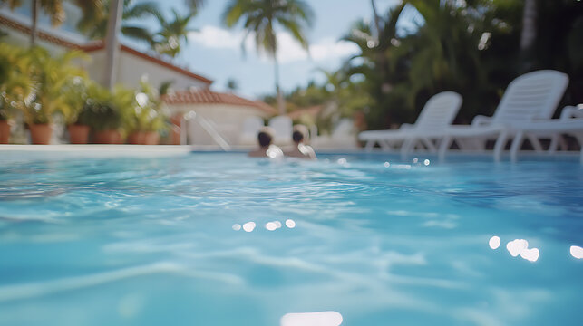 Relaxing poolside: People swim in a bright blue pool with palm trees and tropical foliage in the background. An idyllic vacation spot.