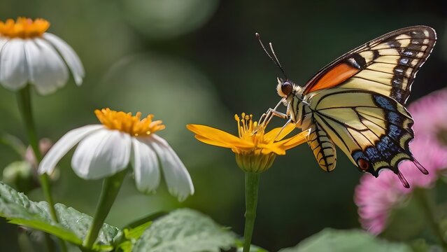 A butterfly sucking the nectar of a beautiful flower.