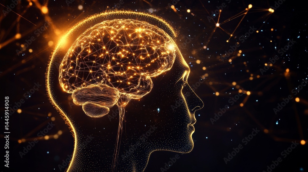 Sticker glowing human head profile with interconnected brain neurons and neural pathways.