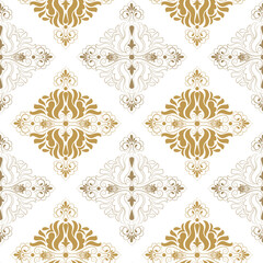 Golden swirls and floral elements form a seamless vintage damask pattern with antique textile design