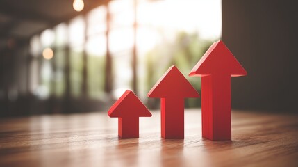 Three red arrows of increasing size pointing upwards on polished surface symbolizing growth and progress