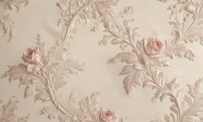 Subtle acanthus & rose pattern, pearl accents on ivory silk texture, subtle, flower, silk