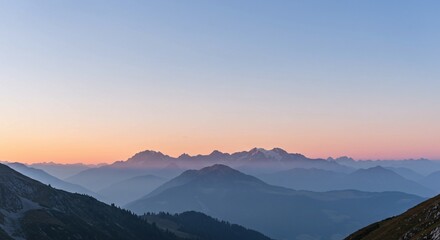 Serene Sunset Panorama Majestic Mountain Range at Dawn, Tranquil Landscape Photography