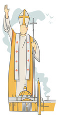  The new Pope greets the faithful from St. Peter's, as white smoke marks his election. Vertical vector illustration