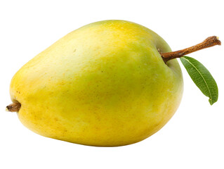 Pear image with light skin. Brown stem and green leaf present. Isolated object on a transparent background