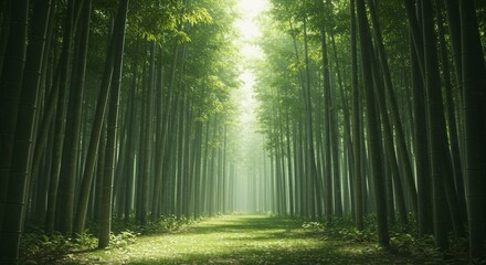 Naklejka premium Serene Bamboo Forest Path A Tranquil Escape into Nature's Embrace