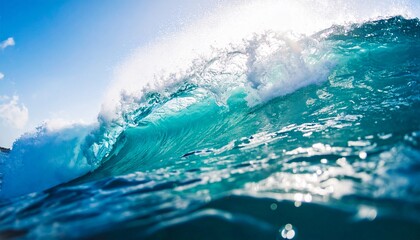Majestic Ocean Wave Crashing Turquoise Water, Sunlight, and Foam