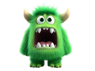 Fuzzy, green cartoon monster with horns, big eyes, and an open mouth showing sharp teeth