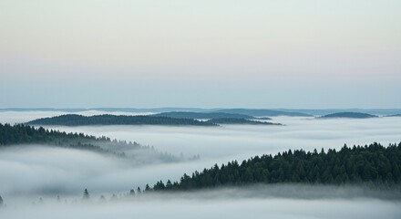 Misty Mountain Landscape Serene View of Fog Enveloping Evergreen Forest Hills at Dawn
