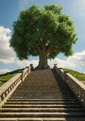 Ancient tree atop stone staircase on grassy hill under clear blue sky with scattered clouds
