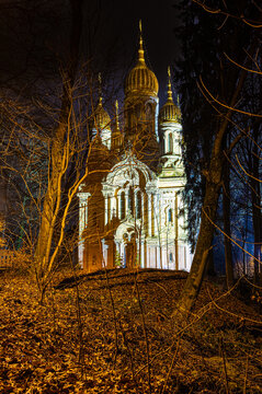Russisch-Orthodoxe Kirche Wiesbaden, Nachtaufnahme, Wiesbaden, Hessen, Deutschland