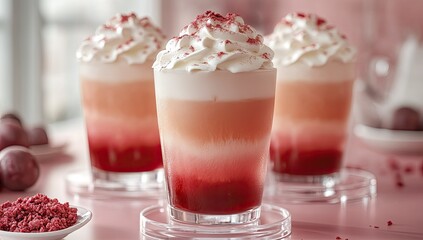 Layered Dessert Drinks with Pink Background.