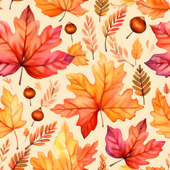 Autumnal Embrace Seamless Pattern : A captivating watercolor illustration showcases a collection of vibrant, detailed autumn leaves, each bursting with warm hues of red, orange, and gold.