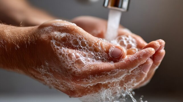 Warm water flows from the faucet as soft, soapy bubbles envelop both hands in a moment of cleansing purity. This intimate act reflects a commitment to personal hygiene in a tranquil space