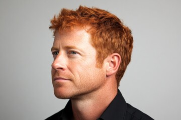 Fototapeta premium Concept design idea design of style for aging men. A stylish male making a statement. Fashionable men's ivy league haircut - midlife white man with red hair. Pure white solid background.