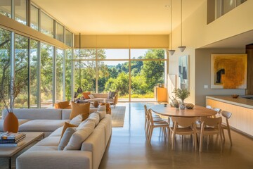 Fototapeta premium A bright and airy open-plan living and dining area with natural light, soft yellow walls, and minimalist decor for a stylish and inviting space