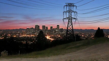 Urban smart grid integrating carbon-free energy los angeles cityscape evening aerial view renewable future