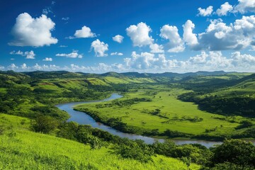 Valley with intersecting rivers and green plains