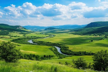 Obraz premium Open lush valley with rivers and rolling terrain