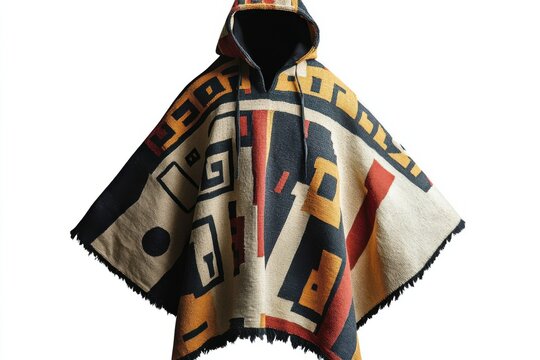 Hooded poncho geometric print autumnal colors cozy style warm fleece fabric stylish design