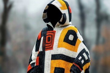 Geometric poncho hooded sweater autumn style bold colors winter warmth urban fashion textured fabric