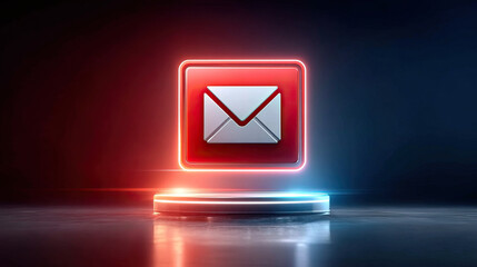 Email icon glowing in red and blue light on futuristic platform, symbolizing digital communication and message alert