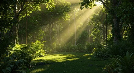 Obraz premium Sunbeams Illuminating Lush Tropical Rainforest A Serene Nature Scene