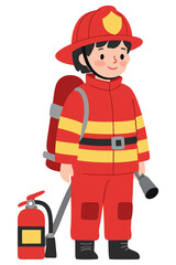 Cute Cartoon Boy in Firefighter Costume with Fire Extinguisher and Flashlight Illustration