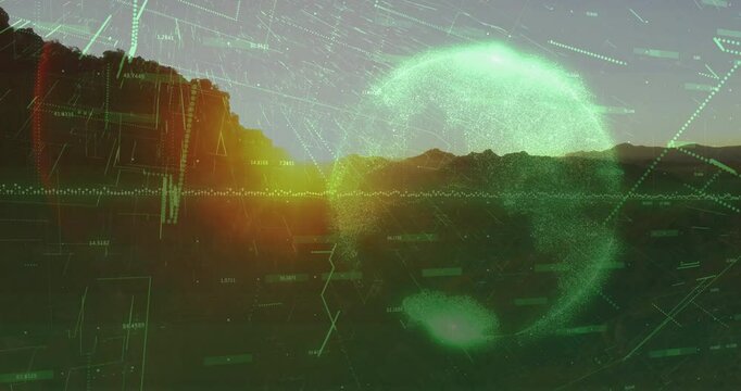 Digital globe glowing with dots over canyon plateau while data grids streaming across rocky cliffs