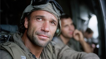 Military pilot or soldier in uniform sitting inside aircraft or helicopter during flight or mission