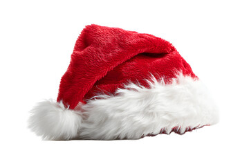 Festive red hat with fluffy white trim. Classic Christmas attire isolated on transparent background