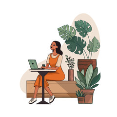 Isolated image of a girl with a laptop, intended for coworking space promotion.