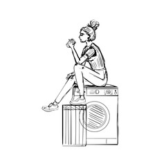 Girl Drinking Coffee on Washing Machine – Ideal for Laundry and Lifestyle Designs