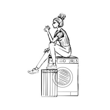 Girl Drinking Coffee on Washing Machine &ndash; Ideal for Laundry and Lifestyle Designs