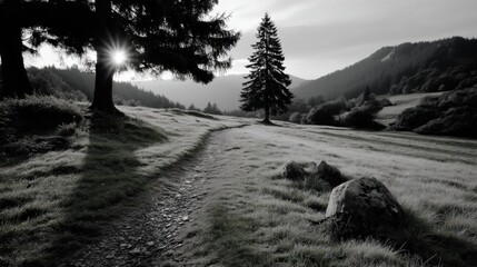 Obraz premium Serene mountain landscape with trees, grassy path, rocks, and sun shining through forest in black and white