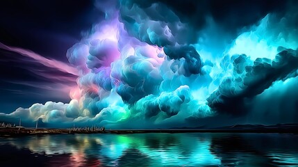 Surreal glowing storm clouds building above a still reflective lake under a vibrant blue sky