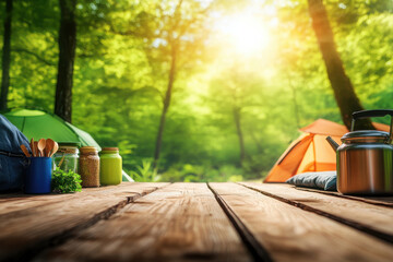 Fototapeta premium of camping gear set up in tent camp showcasing tents sleeping bags and cooking equipment.
