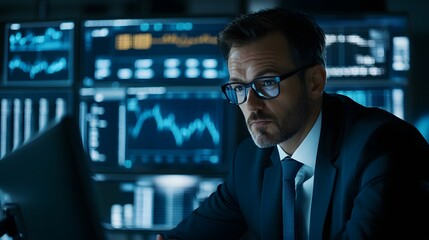 Analyst's Vigilance: A focused analyst, immersed in the digital realm, his gaze fixed on financial graphs and data visualizations displayed on expansive monitors, a symbol of the analytical process