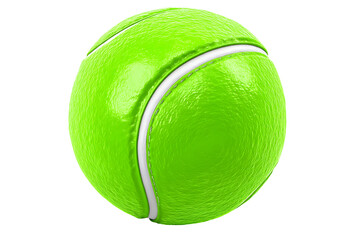 Bright yellow fuzzy tennis ball with white curving lines, isolated on a transparent background