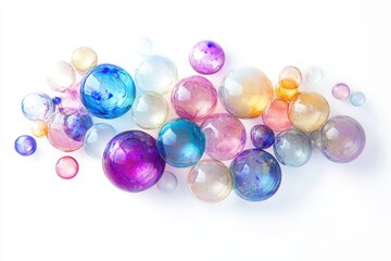 Cluster of colorful bubbles floating against a bright white background, reflecting shades of purple, blue, pink, and yellow