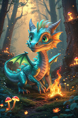 Enchanting blue dragon stands in a mystical forest with glowing mushrooms at dusk