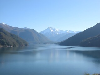 Blue Mountain Range. Lake Between Hills. Sky View. Mountain Valley. Mountain Landscape. Water Reflection. Nature Background. Calm Lake.