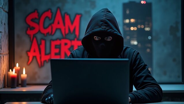 A masked figure in a dark hoodie types on a laptop, illuminated by candlelight against a 'SCAM ALERT' backdrop.