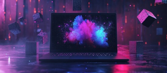 Futuristic laptop displaying vibrant color explosion amidst floating cubes.