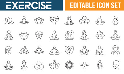 Elegant Meditation and Yoga Line Icons with Buddha and Lotus Flowers

